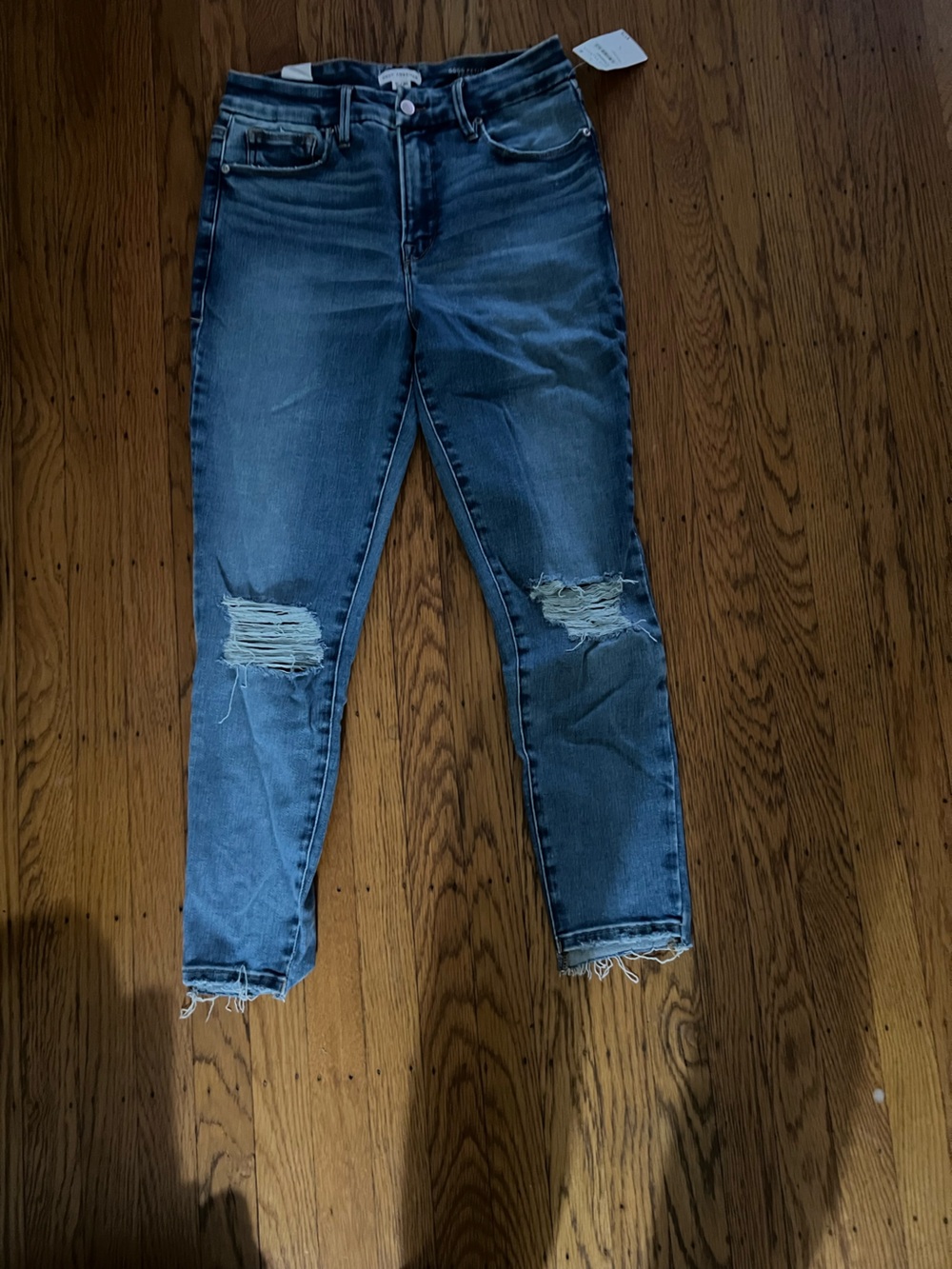 Good American Cropped Distressed Mid-Blue Jeans